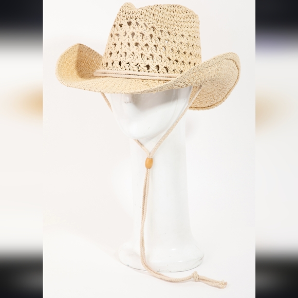 Straw braided cowboy hat natural beige black chin strap stampede strings beach - Picture 9 of 10